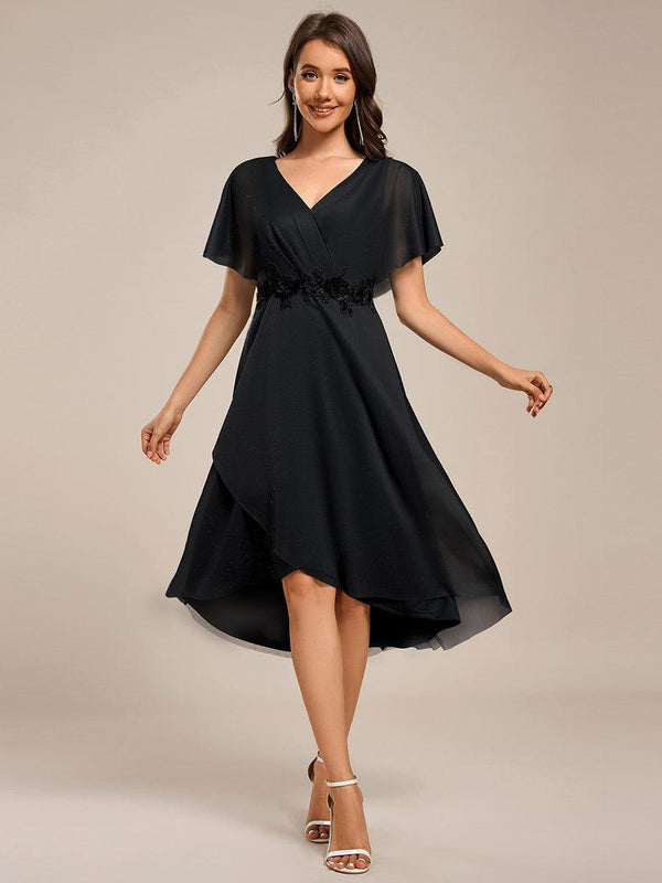 Glitter Bat-Wing Applique Asymmetrical Hem Midi Wedding Guest Dress
