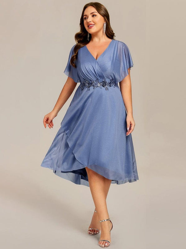 Plus Size Glitter Bat-Wing Applique Asymmetrical Hem Midi Wedding Guest Dress