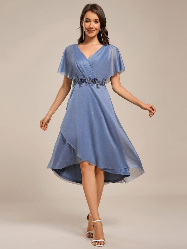 Glitter Bat-Wing Applique Asymmetrical Hem Midi Wedding Guest Dress