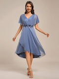 Glitter Bat-Wing Applique Asymmetrical Hem Midi Wedding Guest Dress