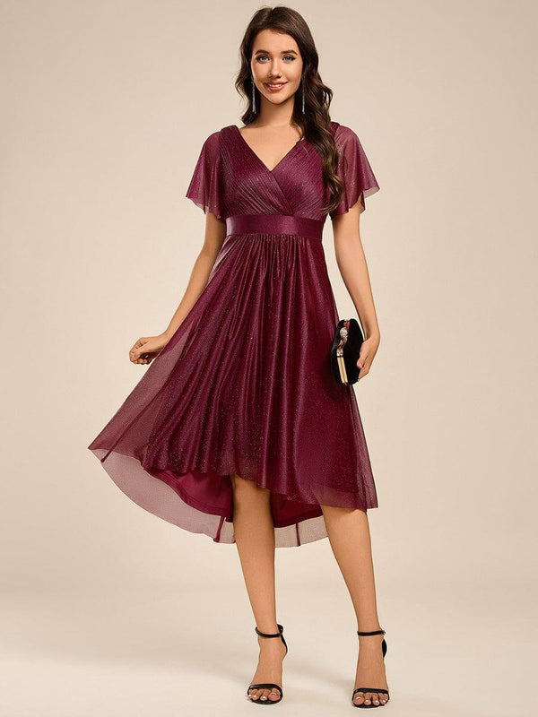 Glitter V-Neck Ruffles Sleeve Asymmetrical Hem Midi Length Wedding Guest Dress