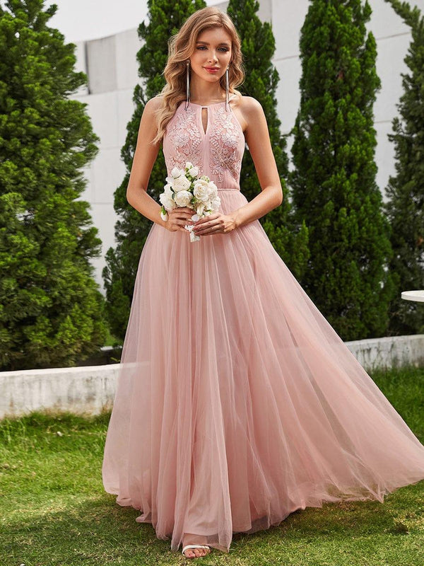 Halter Neck A-Line Tulle Maxi Dress with Applique in Pink