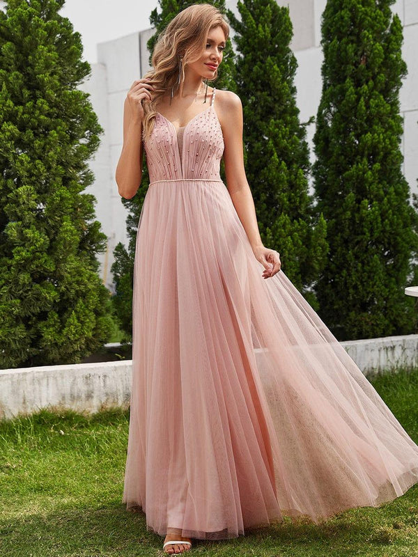 Pearl Embellishments V-Neck A-Line Dresses with Spaghetti Strap In Pink
