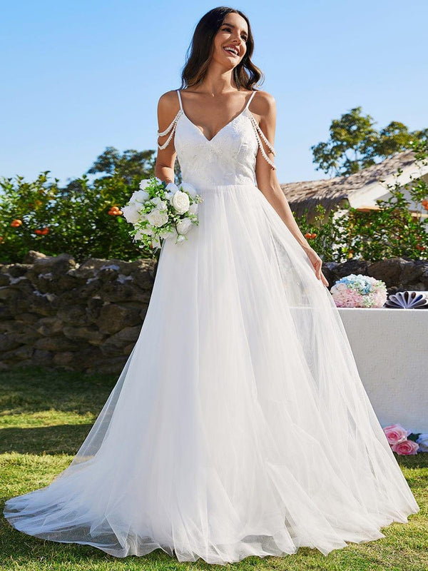 Pearl shoulder strap V-Neck Embroidered Wedding Dress with A-Line