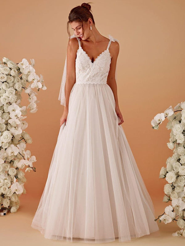 V-neck Lace Tulle Wedding Dress With Bow Straps