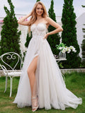 Strapless Corset Embroidered Applique Tulle Wedding Dress with Back Lace-Up