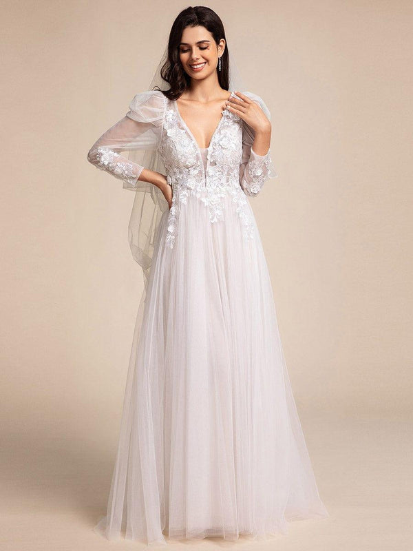 Illusion V-neck Applique Tulle Wedding Dress With Leg-of-mutton Sleeves