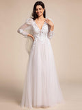 Illusion V-neck Applique Tulle Wedding Dress With Leg-of-mutton Sleeves