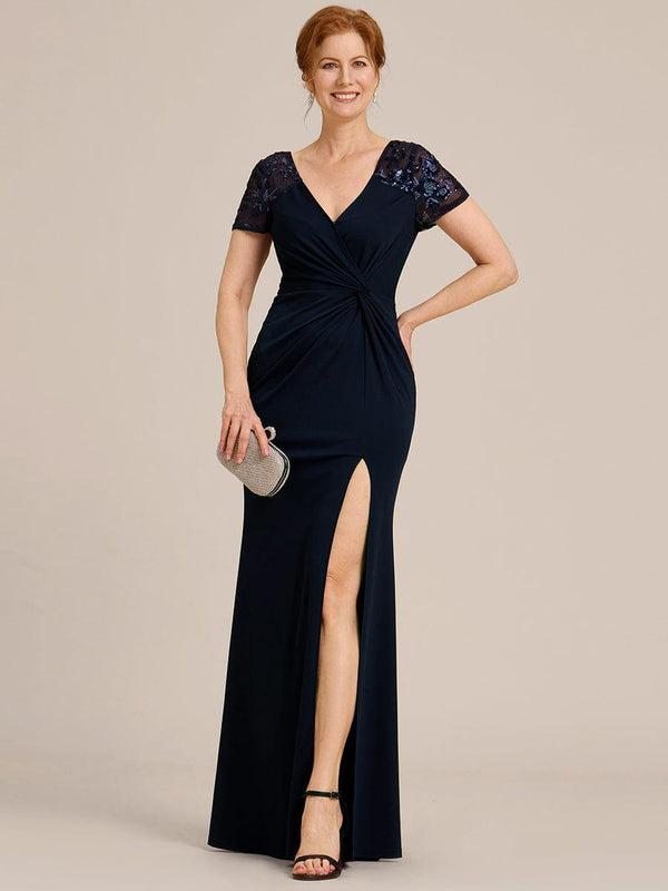 Short Sequin Sleeve Front Slit Mother of the Bride Dress