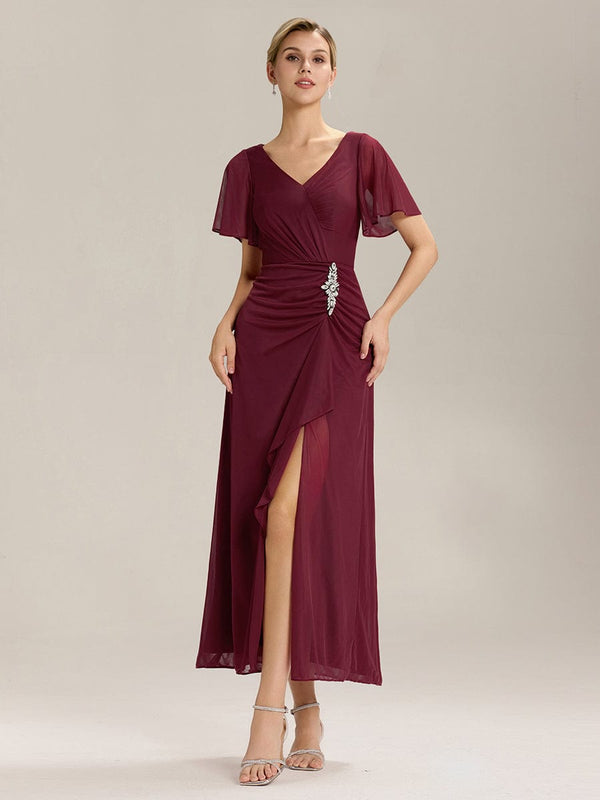 Rhinestone Embellished Chiffon Ruffle Sleeve Mother of the Bride Dress