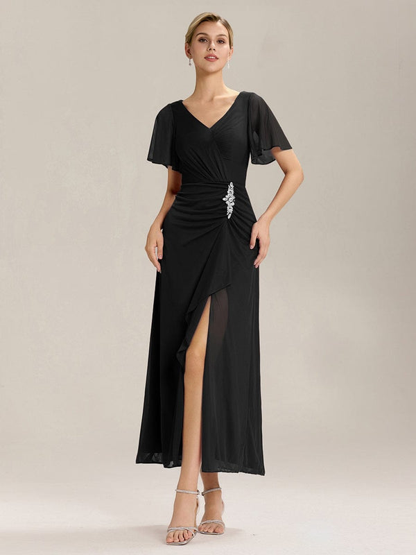 Rhinestone Embellished Chiffon Ruffle Sleeve Evening Dress