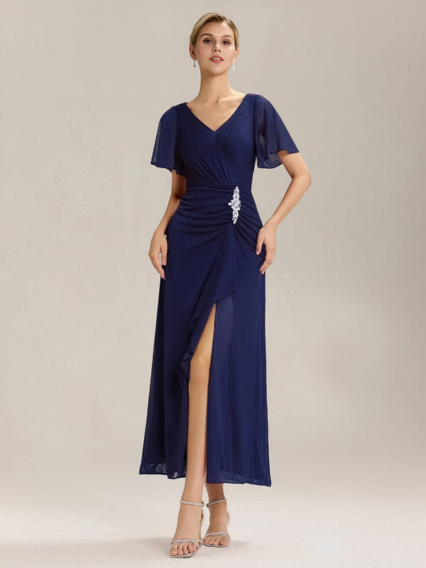 Rhinestone Embellished Chiffon Ruffle Sleeve Mother of the Bride Dress