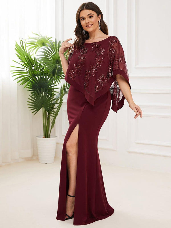 Plus Size Asymmetrical Cape Sequin Mother of the Bride Dress