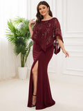 Plus Size Asymmetrical Cape Sequin Mother of the Bride Dress
