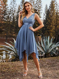 Stunning V Neck Lace Chiffon Dress in Dusty Blue
