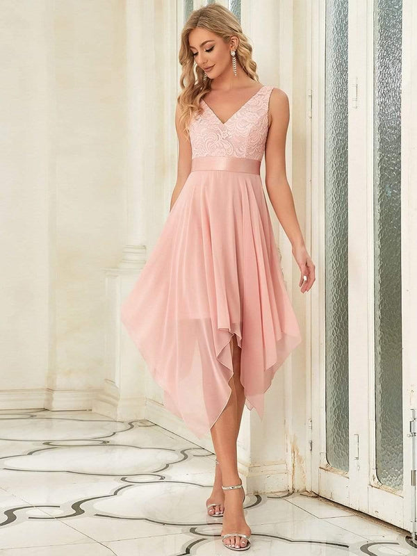 Double V-Neck Empire Waist Midi Asymmetrical Hem Lace Dresses (Final Sale)