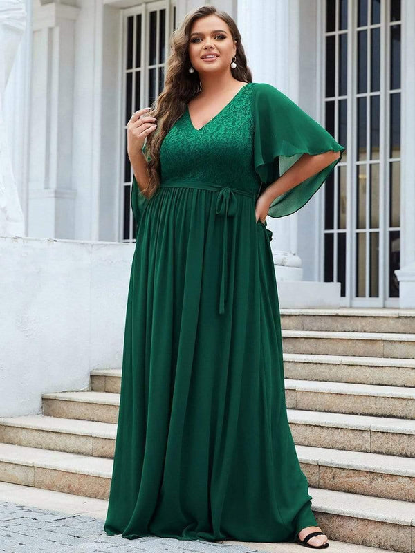 Floor Length Deep V Neck Plus Size Evening Dress