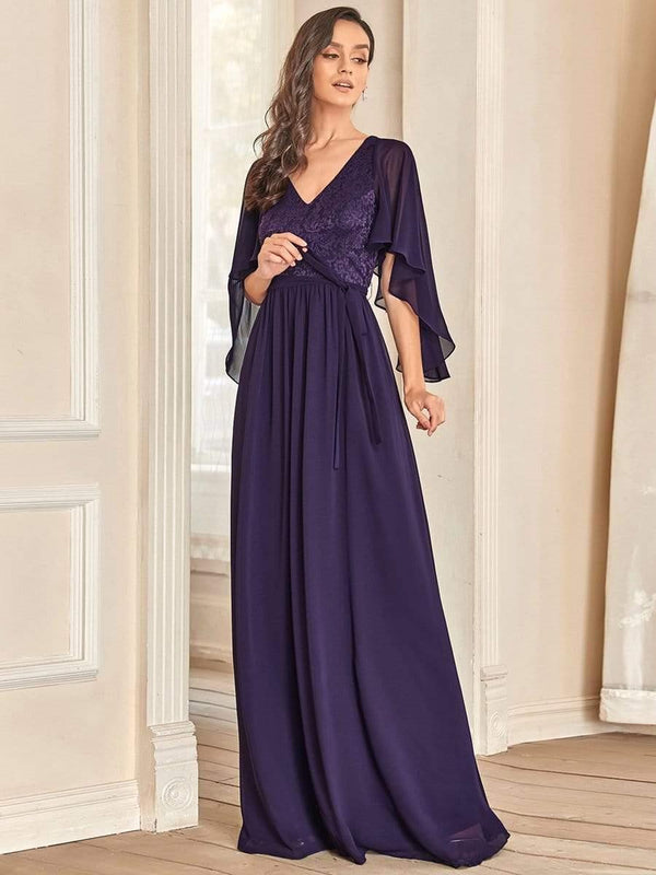 Deep V Neck Chiffon Maxi Evening Dress