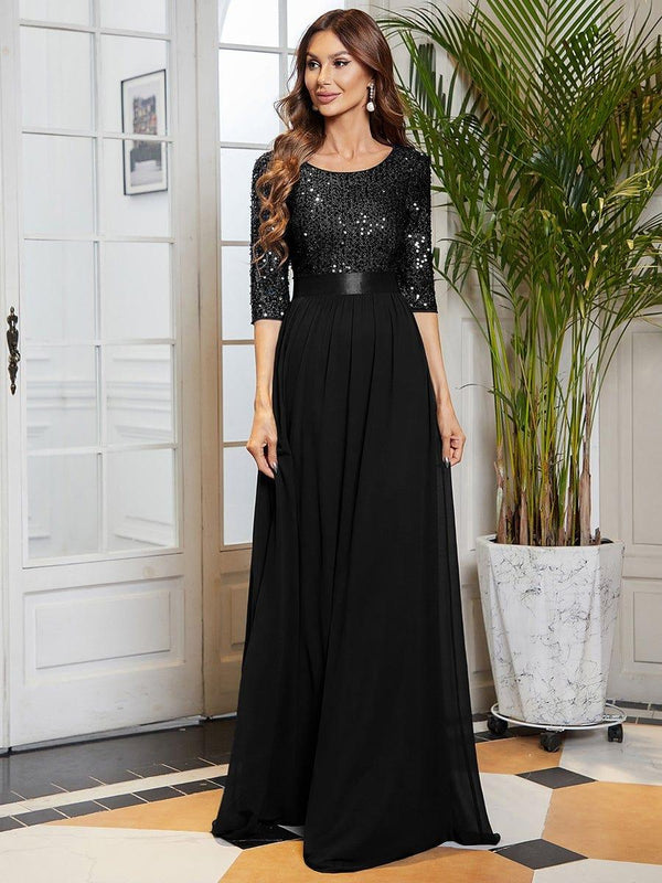Round Neckline 3/4 Sleeve Sequins Patchwork Evening Dress