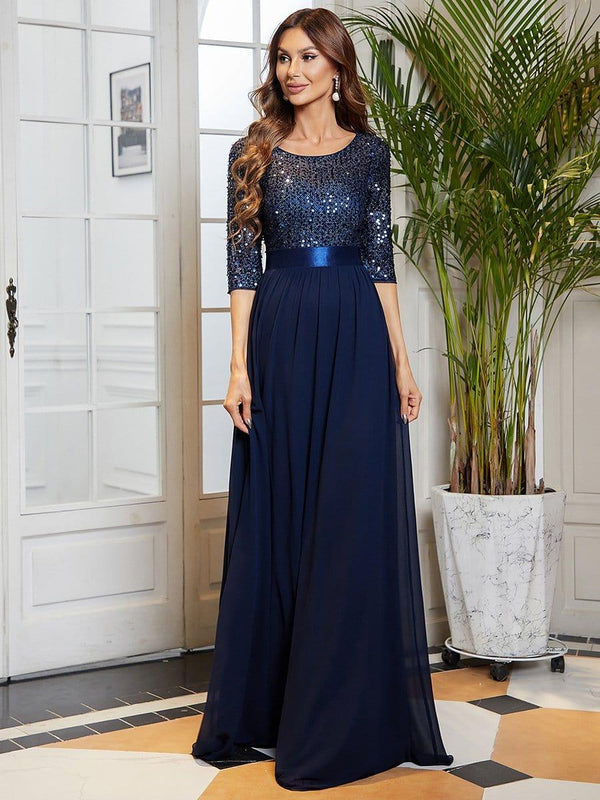 Round Neckline 3/4 Sleeve Sequins Patchwork Evening Dress