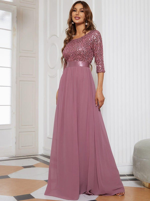 Round Neckline 3/4 Sleeve Sequins Patchwork Evening Dress