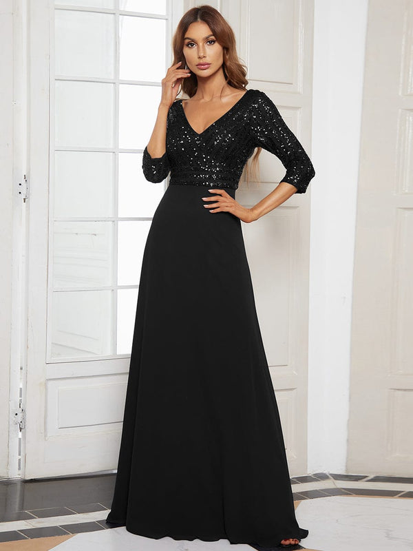 Sexy V Neck Sequin Evening Dresses with 3/4 Sleeve