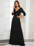 Sexy V Neck Sequin Evening Dresses with 3/4 Sleeve
