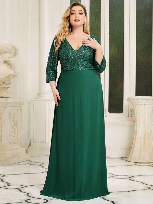 Plus Size Sexy V Neck A-Line Sequin Evening Dress
