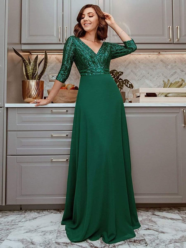 Sexy V Neck A-Line Sequin Evening Dresses