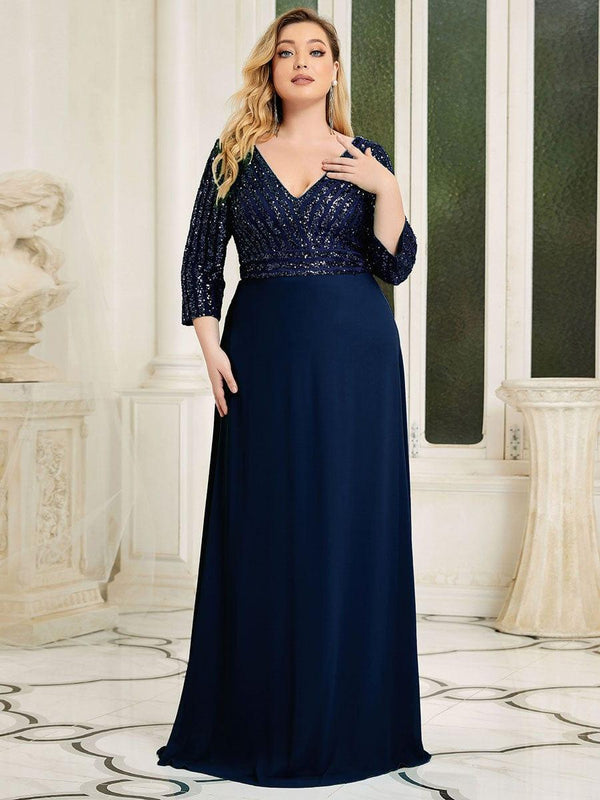 Plus Size Sexy V Neck A-Line Sequin Evening Dress
