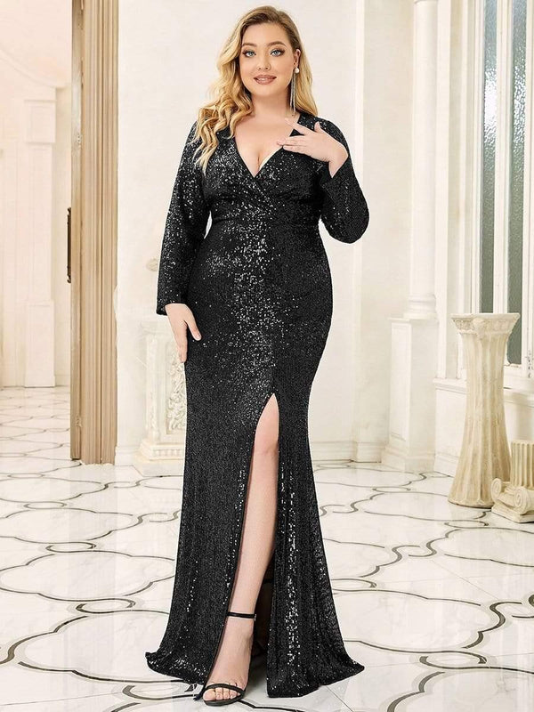 Shiny V Neck Plus Size Sequin Evening Party Dress