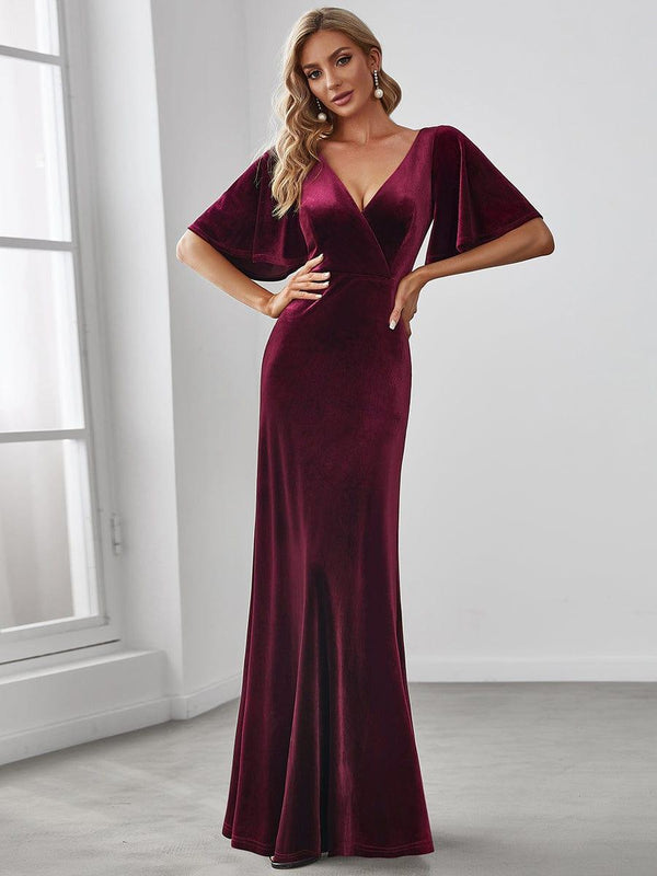 Double V Neck Velvet Bridesmaid Dress