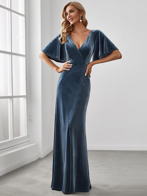 Double V Neck Velvet Bridesmaid Dress