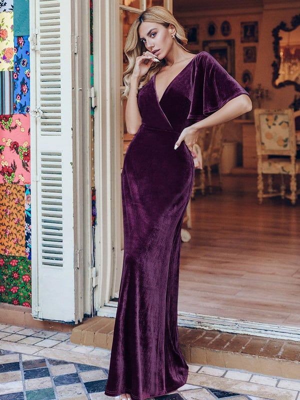 Double V Neck Velvet Bridesmaid Dress
