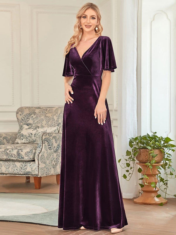Double V Neck Velvet Wedding Guest Dress