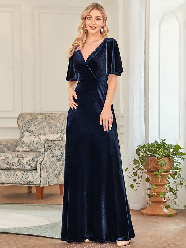 Double V Neck Velvet Bridesmaid Dress