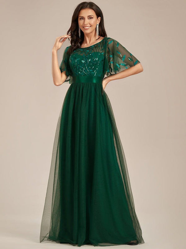 A-Line Short Sleeve Embroidery Floor Length Evening Dresses