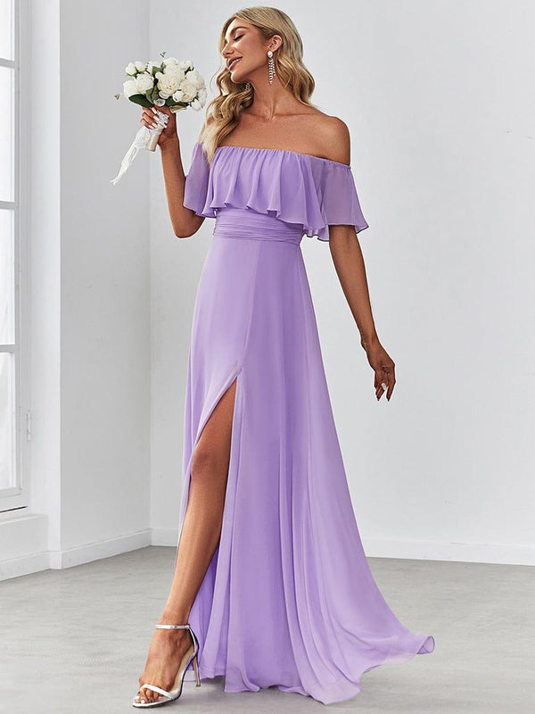 Off-The-Shoulder Ruffle Thigh Split Wedding Guest Dresses