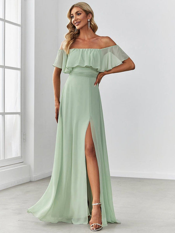 Women's Off-The-Shoulder Ruffle Thigh Split Wedding Guest Dresses