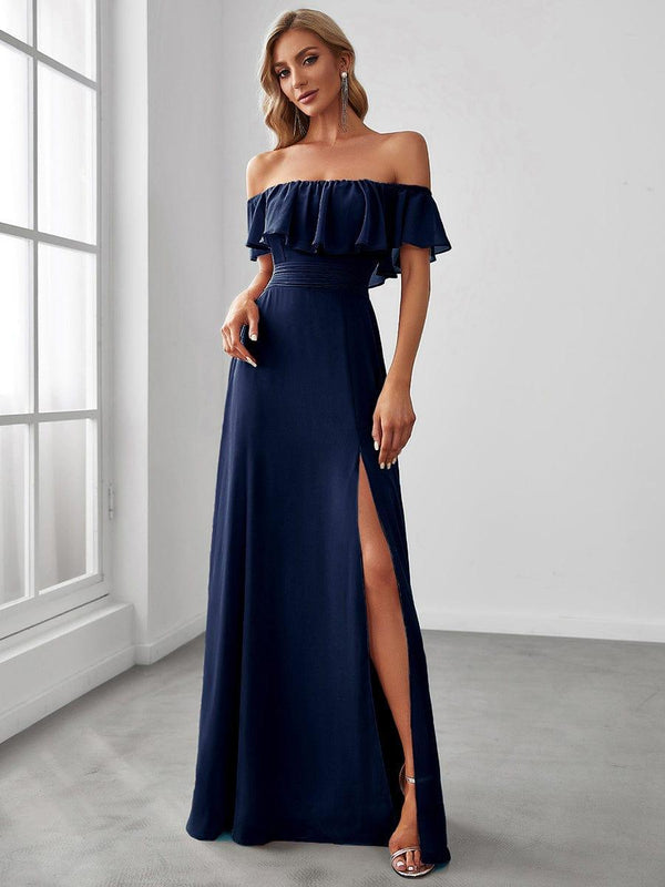 Off-The-Shoulder Ruffle Thigh Split Wedding Guest Dresses