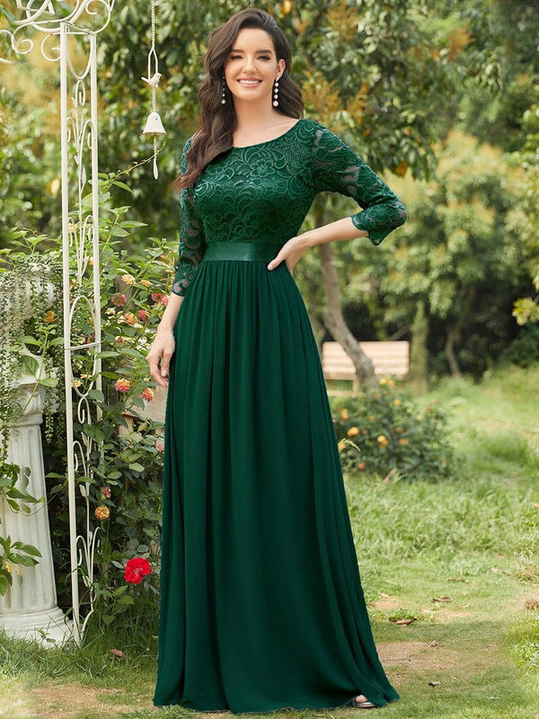 See-Through Floor Length Lace Dress with Half Sleeve in Dark Green