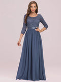 Elegant Round Neck A Line See-Through Lace Dress in Dusty Blue
