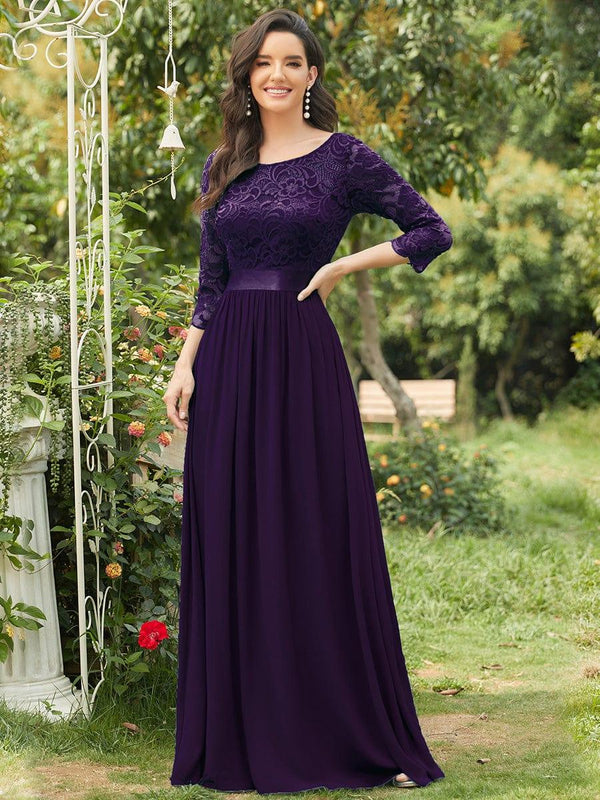 Round Neck A Line See-Through Lace Bridesmaid Dress