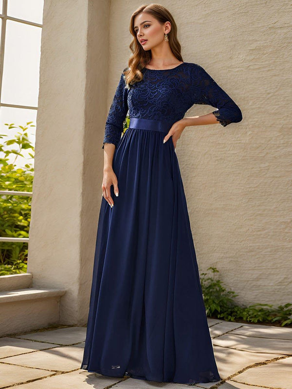 Round Neck A Line See-Through Lace Bridesmaid Dress