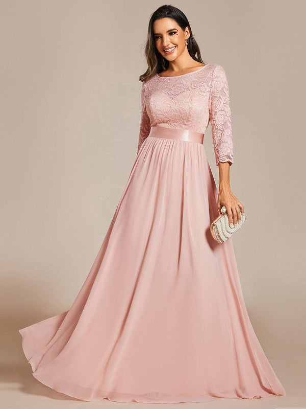 See-Through Floor Length Lace Maxi Dress with Half Sleeve in Pink