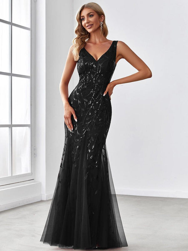 Double V-Neck Fishtail Sequins Wedding Guest Dress