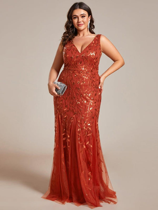 Plus Size V-Neck Fishtail Sequin Evening Dress