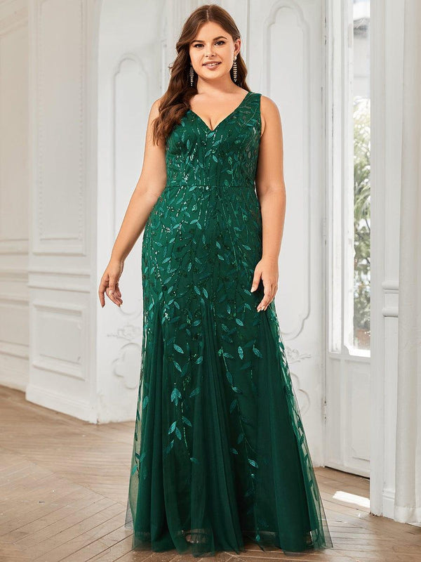 Plus Size V-Neck Fishtail Sequin Evening Dress