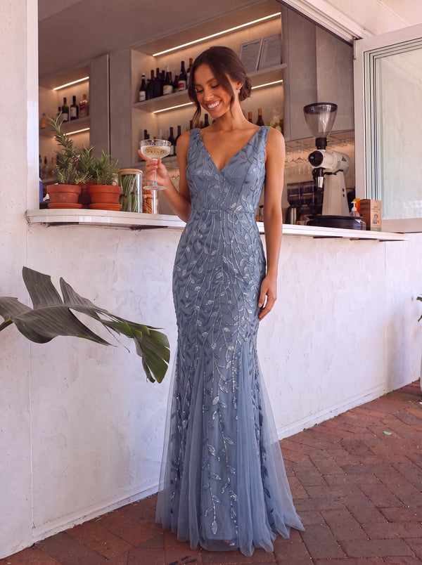 Women's Double V-Neck Fishtail Sequins Wedding Guest Dress