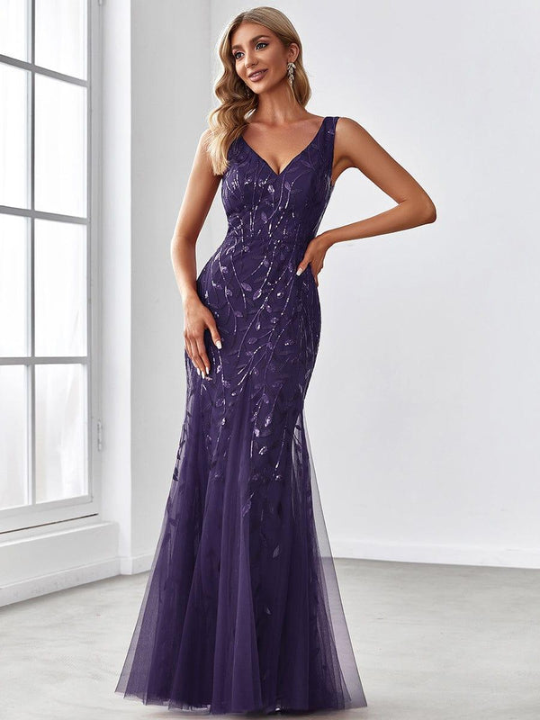 Double V-Neck Fishtail Sequins Wedding Guest Dress